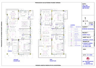 UP UP
DN
HOME THEATRE
DECK
KITCHEN
BED ROOM 2
DINING
TOILET
LIVING/HALL
FAMILY LOUNGE TOILET
PARKING
SIT OUT
G.BED ROOM
BED ROOM 3
WASH
ELECTRICAL LAYOUT
DRAWN BY:
K.SHARATH REDDY
(17047AA049)
DATE: 12-4-2020
SRI VENKATESHWARA
OF ARCHITECTURE
SCALE:
1:100
SUBJECT :
WORKING DRAWINGS
PROJECT :
DUPLEX VILLA
SHEET NO 12
N
COLLEGE
6th SEM B SEM
SRIVENKATES
HWARA CO LEGE OF
ARCHITECTURE
U
RAB HI
EDUCAT
ION
AL S
O
C
I
ETY
S
NOTE :
*ALL THE
DIMENSIONS
ARE IN MTS
E
S
W
GROUND
FLOOR PLAN
FIRST
FLOOR PLAN
SIGN:
UP
TOILET
MD
D1
D2
MD
D2
D2
D1
D1
D1
MD
W
WW
W
W
W
W
W
W W
W
W2W2
W
W
V
V
V
GY
TV
SB
SB
SB
SB
SB
SB
SB
SB
SB
SB
SB
GY
GY
SB
SB
SB
SB
SBSB
SB SB
SB
SB
SB
MSB
SB
METERBOX
SB
EXHAUST FAN
BRACKET LIGHT
16A SWITCH AND SOCKET
TV TV UNIT
COVE LIGHT
DOWN LIGHTS
LEGEND
SYMBOL DESCRIPTION
CEILING FAN
B
B BELL PUSH
SB
5A SWITCH AND SOCKET
SB
SB
SB
GY GEYSER
MSB MAIN SWITCH BOARD
PRODUCED BY AN AUTODESK STUDENT VERSION
PRODUCEDBYANAUTODESKSTUDENTVERSION
PRODUCEDBYANAUTODESKSTUDENTVERSION
PRODUCEDBYANAUTODESKSTUDENTVERSION
 