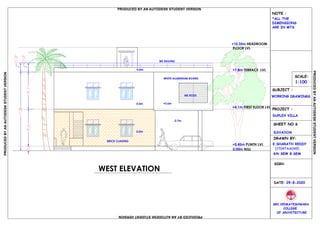 0.53.63.7
0.9
7.8
0.9
WEST ELEVATION
0.00m NGL
+0.45m PLINTH LVL
+4.1m FIRST FLOOR LVL
+10.35m HEADROOM
FLOOR LVL
+7.8m TERRACE LVL
DRAWN BY:
K.SHARATH REDDY
(17047AA049)
DATE: 29-8-2020
SRI VENKATESHWARA
OF ARCHITECTURE
SCALE:
1:100
SUBJECT :
WORKING DRAWINGS
PROJECT :
DUPLEX VILLA
SHEET NO 6
COLLEGE
6th SEM B SEM
SRIVENKATES
HWARA CO LEGE OF
ARCHITECTURE
U
RAB HI
EDUCAT
ION
AL S
O
C
I
ETY
S
NOTE :
*ALL THE
DIMENSIONS
ARE IN MTS
SIGN:
ELEVATION
BRICK CLADING
MS RODS
MS RAILING
WHITE ALUMINIUM BOARD
0.0m
0.0m +0.6m
-3.7m
0.0m
PRODUCED BY AN AUTODESK STUDENT VERSION
PRODUCEDBYANAUTODESKSTUDENTVERSION
PRODUCEDBYANAUTODESKSTUDENTVERSION
PRODUCEDBYANAUTODESKSTUDENTVERSION
 
