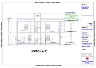 STAIRCASE
HEAD ROOM
SECTION A,A'
0.53.63.7
0.9
7.8
0.9
1.3
0.9
0.00m NGL
+0.45m PLINTH LVL
+4.1m FIRST FLOOR LVL
+10.35m HEADROOM
FLOOR LVL
+7.8m TERRACE FLOOR LVL
0.9
2.1
1.150.4
0.6
0.9
0.9
2.1
2.5
SECTION
DRAWN BY:
K.SHARATH REDDY
(17047AA049)
DATE: 29-8-2020
SRI VENKATESHWARA
OF ARCHITECTURE
SCALE:
1:100
SUBJECT :
WORKING DRAWINGS
PROJECT :
DUPLEX VILLA
SHEET NO 7
COLLEGE
6th SEM B SEM
SRIVENKATES
HWARA CO LEGE OF
ARCHITECTURE
UR
AB HI
EDUCAT
ION
AL S
O
C
I
ETY
S
NOTE :
*ALL THE
DIMENSIONS
ARE IN MTS
SIGN:
KITCHEN DINING
BED ROOM 2
BED ROOM 3
G. BED ROOM
PRODUCED BY AN AUTODESK STUDENT VERSION
PRODUCEDBYANAUTODESKSTUDENTVERSION
PRODUCEDBYANAUTODESKSTUDENTVERSION
PRODUCEDBYANAUTODESKSTUDENTVERSION
 