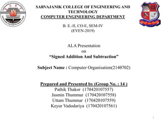 SARVAJANIK COLLEGE OF ENGINEERING AND
TECHNOLOGY
COMPUTER ENGINEERING DEPARTMENT
B. E.-II, CO-E, SEM-IV
(EVEN-2019)
ALA Presentation
on
“Signed Addition And Subtraction”
Subject Name : Computer Organisation(2140702)
Prepared and Presented by (Group No. : 14 )
Pathik Thakor (170420107557)
Jasmin Thummar (170420107558)
Uttam Thummar (170420107559)
Keyur Vadodariya (170420107561)
1
 
