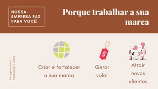NOSSA
EMPRESA FAZ
PARA VOCÊ!
Atrair
novos
clientes
Gerar
valor
Criar e fortalecer
a sua marca
Porque trabalhar a sua
marca
Instagrampara
Negóciosrs|2020
 