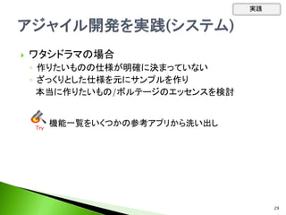  ワタシドラマの場合
◦ 作りたいものの仕様が明確に決まっていない
◦ ざっくりとした仕様を元にサンプルを作り
本当に作りたいもの/ボルテージのエッセンスを検討
Tｒｙ
機能一覧をいくつかの参考アプリから洗い出し
実践
29
 