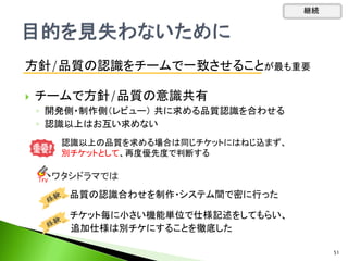 方針/品質の認識をチームで一致させることが最も重要
 チームで方針/品質の意識共有
◦ 開発側・制作側（レビュー） 共に求める品質認識を合わせる
◦ 認識以上はお互い求めない
継続
‣ 品質の認識合わせを制作・システム間で密に行った
‣ チケット毎に小さい機能単位で仕様記述をしてもらい、
追加仕様は別チケにすることを徹底した
Tｒｙ
認識以上の品質を求める場合は同じチケットにはねじ込まず、
別チケットとして、再度優先度で判断する
ワタシドラマでは
51
 