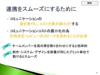  コミュニケーションの
量を増やし、コストを最大限小さくする
 コミュニケーションコストの最小化の為
仕様決定・レビューのスピードを高めることが必須
チームメンバー全員の席を隣り合わせにすると効率的
制作・システム・デザイン全部署が同じスプリント単位で
動けるとスムーズ
継続
55
 