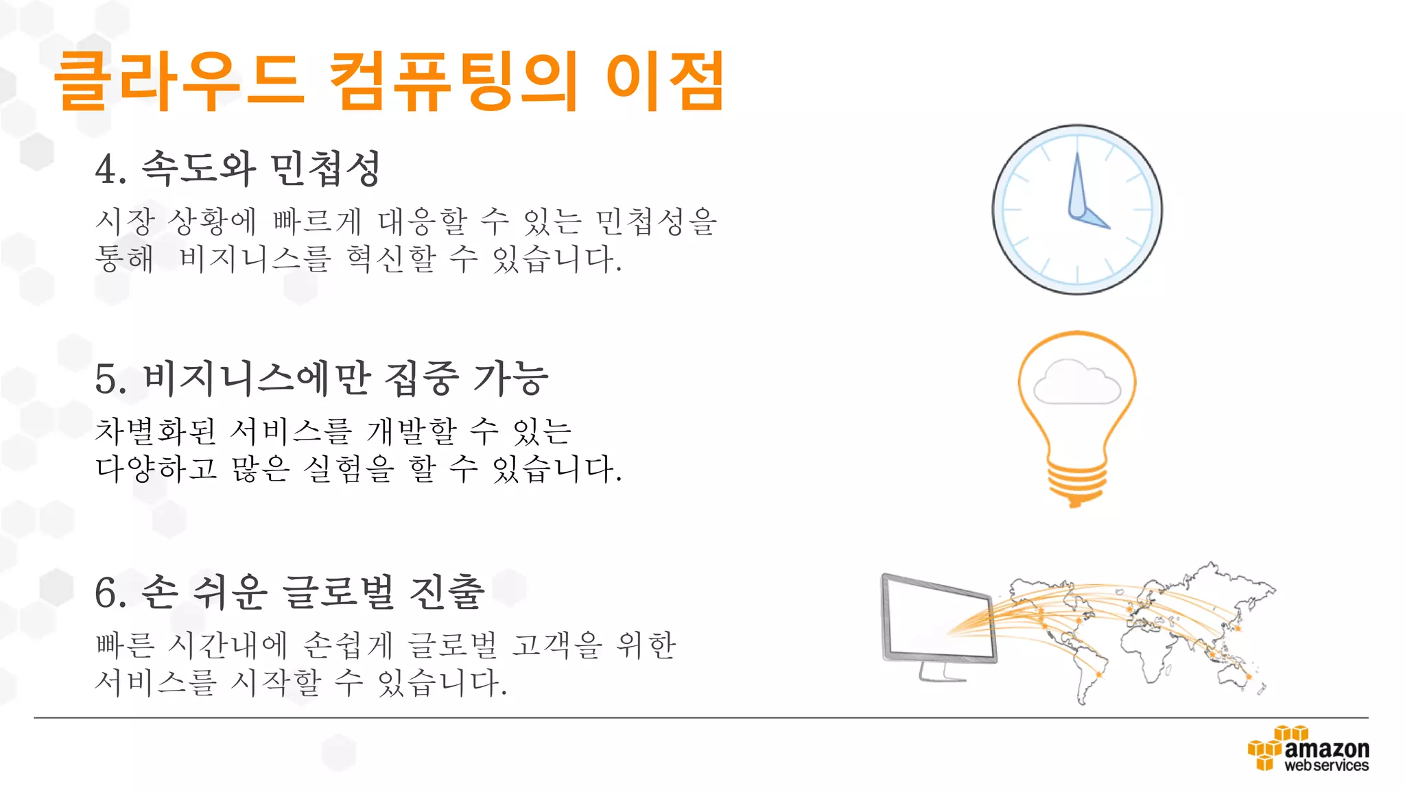 4. 속도와 민첩성
시장 상황에 빠르게 대응할 수 있는 민첩성을
통해 비지니스를 혁신할 수 있습니다.
6. 손 쉬운 글로벌 진출
빠른 시간내에 손쉽게 글로벌 고객을 위한
서비스를 시작할 수 있습니다.
5. 비지니스에만 집중 가능
차별화된 서비스를 개발할 수 있는
다양하고 많은 실험을 할 수 있습니다.
클라우드 컴퓨팅의 이점
 