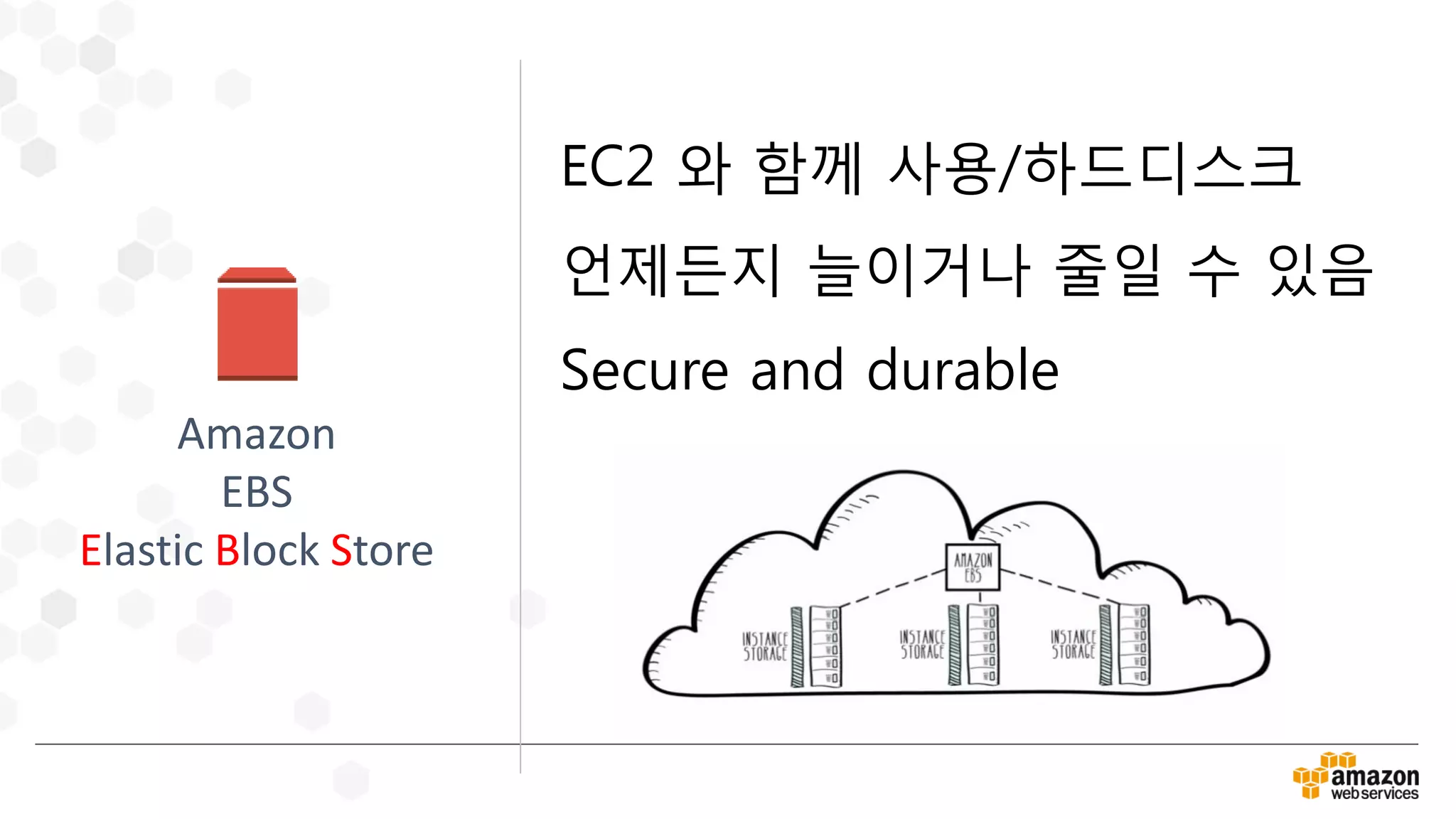 EC2 와 함께 사용/하드디스크
언제든지 늘이거나 줄일 수 있음
Secure and durable
Amazon
EBS
Elastic Block Store
 