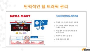 탄력적인 웹 트래픽 관리
Customer Story: 메가마트
 대형할인점, 백화점, 온라인 쇼핑몰
 2015년 3월 AWS로 웹사이트 마이
그레이션 완료
 메가 블랙 데이 응답시간 전년 대
비 절반 수준
 페이지뷰/ 체류시간 증가
 매출 상승/ 비용 절감
 