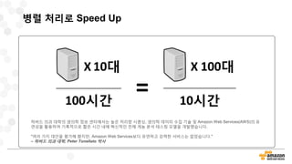 병렬 처리로 Speed Up
하버드 의과 대학의 생의학 정보 센터에서는 높은 처리량 시퀀싱, 생의학 데이터 수집 기술 및 Amazon Web Services(AWS)의 유
연성을 활용하여 기록적으로 짧은 시간 내에 혁신적인 전체 게놈 분석 테스팅 모델을 개발했습니다.
"여러 가지 대안을 평가해 봤지만, Amazon Web Services보다 유연하고 강력한 서비스는 없었습니다."
– 하버드 의과 대학, Peter Tonellato 박사
 