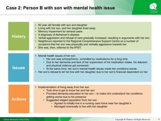 Sakura Shinmachi Urban Clinic Copyright © Platanus All Rights Reserved.
Case 2: Person B with son with mental health issue
6
History
Issues
Actions
• 80 year old female with son and daughter
• Living with her son, and her daughter lived away
• Memory impairment for several years
• A diagnosis of Alzheimer’s disease
• Verbal aggression and refusal of care gradually increased, resulting in arguments with her son.
• Neighbours reported to the Regional Comprehensive Support Centre on a number of
occasions that her son was physically and verbally aggressive towards her.
• She was, then, referred to the IPIST.
• Mental health issues of her son
• Her son was schizophrenic, controlled by medications for a long time
• Due to her dementia and lack of her supervision of his medication intake, his delusion
and physical violence got worsened.
• At the same time, her son’s mental health issues made her conditions worse.
• Her son’s refusal to let her live with her daughter due to her son’s financial dependent on her
• Implementation of living away from her son
• Took time to get to know her and her son
• Provided dementia education to her son – to make him understand her conditions
getting worse due to his presence
• Suggested staged separation from her son
• Agreed to initially live in a nursing care home near her daughter’s
• Managed eventually to live with her daughter
 