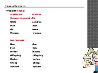 Countable nouns
Irregular Nouns:
SINGULAR PLURAL
Singular to plural -EN
Child children
Man men
Ox oxen
Woman women
NO CHANGE
Deer deer
Fish fish
Means means
Offspring offspring
Series series
Sheep sheep
Species species
 