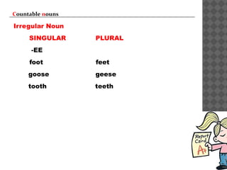 Countable nouns
Irregular Noun
SINGULAR PLURAL
-EE
foot feet
goose geese
tooth teeth
 