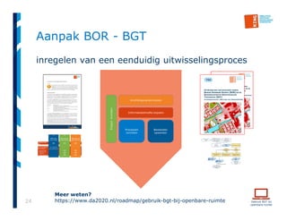 24
Aanpak BOR - BGT
inregelen van een eenduidig uitwisselingsproces
BOR constateert
wijziging
BOR geeft met schets-
geometrie mutatie aan
in BOR-registratie
BOR neemt
beheerattributen op in
BOR-registratie
Mutatie
verzoek
GEO beoordeelt verzoekBOR doet
inmeetverzoek
Wijziging
BGT|IMGeo?
GEO wint geometrie in /
GEO past geometrie in
GEO past BGT|IMGeo-
registratie niet aan
Weiger
bericht
BOR verwijdert
mutatie uit BOR-
registratie
JA
NEE
Geometrie
ongewijzigd over te
nemen?
JA
NEE
GEO past BGT|IMGeo-
registratie aan
Mutatie
bericht
Geometrie +
nieuwe of bestaande IMGeo ID
Bericht
LV-BGT
1
2
BOR neemt BGT|IMGeo
gegevens over in BOR-
registratie
Meer weten?
https://www.da2020.nl/roadmap/gebruik-bgt-bij-openbare-ruimte
 