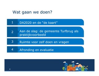 44
Wat gaan we doen?
1 DA2020 en de “de kaart”
2 Aan de slag: de gemeente Turfbrug als
praktijkvoorbeeld
3 Ruimte voor zelf doen en vragen
4 Afronding en evaluatie
 