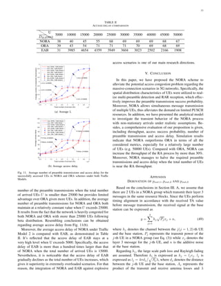 13
TABLE II
ACCESS DELAY COMPARISON
DRA(ms)
U
5000 10000 15000 20000 25000 30000 35000 40000 45000 50000
NORA 38 40 45 55 68 69 69 69 68 67
ORA 39 43 54 71 71 71 70 69 68 69
EAB 31 3985 4654 4359 3949 3604 3023 2502 2166 1908
0.5 1 1.5 2 2.5 3 3.5 4 4.5 5
Total number of arrived UEs ×104
1.5
2
2.5
3
3.5
4
4.5
5
5.5
6
Averagenumberofpreambletransmission
Ana. NORA, Traffic Model 1
Ana. ORA, Traffic Model 1
Ana. NORA, Traffic Model 2
Ana. ORA, Traffic Model 2
Sim. NORA, Traffic Model 1
Sim. ORA, Traffic Model 1
Sim. NORA, Traffic Model 2
Sim. ORA, Traffic Model 2
L=2.5, U=20000
L=3.4, U=20000
L=2.5, U=35000
L=4.9, U=35000
(a) Average L
0.5 1 1.5 2 2.5 3 3.5 4 4.5 5
Total number of arrived UEs ×104
30
40
50
60
70
80
90
100
110
120
Averageaccessdelay
Ana. NORA, Traffic Model 1
Ana. ORA, Traffic Model 1
Ana. NORA, Traffic Model 2
Ana. ORA, Traffic Model 2
Sim. NORA, Traffic Model 1
Sim. ORA, Traffic Model 1
Sim. NORA, Traffic Model 2
Sim. ORA, Traffic Model 2
T=71ms, U=20000
T=55ms, U=20000
T=53ms, U=35000
T=102ms, U=35000
(b) Average access delay
Fig. 11. Average number of preamble transmissions and access delay for the
successfully accessed UEs in NORA and ORA schemes under both Trafﬁc
Models.
number of the preamble transmissions when the total number
of arrived UEs U is smaller than 25000 but provides limited
advantage over ORA given more UEs. In addition, the average
number of preamble transmissions for NORA and ORA both
maintain at a relatively constant value when U exceeds 25000.
It results from the fact that the network is heavily congested for
both NORA and ORA with more than 25000 UEs following
beta distribution. Resembling conclusions can be obtained
regarding average access delay from Fig. 11(b).
Moreover, the average access delay of NORA under Trafﬁc
Model 2 is compared with EAB, as demonstrated in Table
II. It’s reﬂected that the access delay of EAB stays at a
very high level when U exceeds 5000. Speciﬁcally, the access
delay of EAB is more than a hundred times larger than that
of NORA when the total number of arrived UEs is 15000.
Nevertheless, it is noticeable that the access delay of EAB
gradually declines as the total number of UEs increases, which
gives it superiority in extremely overloaded scenarios. For that
reason, the integration of NORA and EAB against explosive
access scenarios is one of our main research directions.
V. CONCLUSION
In this paper, we have proposed the NORA scheme to
alleviate the potential access congestion problem regarding the
massive-connection scenarios in 5G networks. Speciﬁcally, the
spatial distribution characteristics of UEs were utilized to real-
ize multi-preamble detection and RAR reception, which effec-
tively improves the preamble transmission success probability.
Moreover, NORA allows simultaneous message transmission
of multiple UEs, thus alleviates the demand on limited PUSCH
resources. In addition, we have presented the analytical model
to investigate the transient behavior of the NORA process
with non-stationary arrivals under realistic assumptions. Be-
sides, a comprehensive evaluation of our proposition is given,
including throughput, access success probability, number of
preamble transmission and access delay. Simulation results
indicate that NORA outperforms ORA in terms of all the
considered metrics, especially for a relatively large number
of UEs (e.g. 50000 UEs). Compared with ORA, NORA can
increase the throughput of the RA process by more than 30%.
Moreover, NORA manages to halve the required preamble
transmissions and access delay when the total number of UEs
is near the RA throughput.
APPENDIX
DERIVATION OF pout,1, pout,2 AND pout,0
Based on the conclusions in Section III. A, we assume that
there are 2 UEs in a NORA group which transmit their layer 3
messages in the same resource blocks. Since the UEs perform
timing alignment in accordance with the received TA value
before message transmission, the received signal at the base
station can be expressed as
y =
2
j=1
hj Pjxj + n, (49)
where hj denotes the channel between the j(j = 1, 2)-th UE
and the base station, Pj represents the transmit power of the
j-th UE in a NORA group (see Eq. (3)) while xj denotes the
layer 3 message for the j-th UE, and n is the additive noise
at the base station.
Regarding hj, the large scale path loss and Rayleigh fading
are assumed. Therefore hi is expressed as hj = ljvj. lj is
expressed as lj = 4πdj Ajλ, where dj denotes the distance
between the j-th UE and the base station, Aj represents the
product of the transmit and receive antenna losses and λ
 