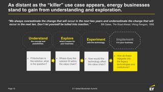 Page 10 EY Global Blockchain Summit
As distant as the “killer” use case appears, energy businesses
stand to gain from understanding and exploration.
Experiment
with the technology.
Explore
what it means for
your business.
Understand
the concept and
possibilities.
► If blockchain is
the solution, what
is the question?
► Where does the
solution fit within
the value chain?
► How would this
technology affect
the value chain?
► How do these
integrate into
the legacy
technologies and
institutions?
Implement
it in your business.
“We always overestimate the change that will occur in the next two years and underestimate the change that will
occur in the next ten. Don’t let yourself be lulled into inaction.” Bill Gates, The Road Ahead, Viking Penguin, 1995
 
