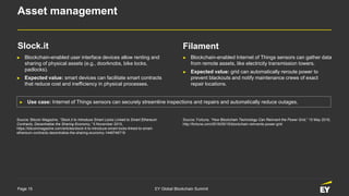 Page 15 EY Global Blockchain Summit
Asset management
► Blockchain-enabled user interface devices allow renting and
sharing of physical assets (e.g., doorknobs, bike locks,
padlocks).
► Expected value: smart devices can facilitate smart contracts
that reduce cost and inefficiency in physical processes.
► Blockchain-enabled Internet of Things sensors can gather data
from remote assets, like electricity transmission towers.
► Expected value: grid can automatically reroute power to
prevent blackouts and notify maintenance crews of exact
repair locations.
Source: Bitcoin Magazine, “Slock.it to Introduce Smart Locks Linked to Smart Ethereum
Contracts, Decentralize the Sharing Economy,” 5 November 2015,
https://bitcoinmagazine.com/articles/slock-it-to-introduce-smart-locks-linked-to-smart-
ethereum-contracts-decentralize-the-sharing-economy-1446746719
Source: Fortune, “How Blockchain Technology Can Reinvent the Power Grid,” 15 May 2016,
http://fortune.com/2016/05/15/blockchain-reinvents-power-grid
► Use case: Internet of Things sensors can securely streamline inspections and repairs and automatically reduce outages.
Slock.it Filament
 