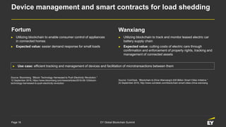 Page 16 EY Global Blockchain Summit
Device management and smart contracts for load shedding
► Utilizing blockchain to enable consumer control of appliances
in connected homes
► Expected value: easier demand response for small loads
Source: Bloomberg, “Bitcoin Technology Harnessed to Push Electricity Revolution,”
12 September 2016, https://www.bloomberg.com/news/articles/2016-09-12/bitcoin-
technology-harnessed-to-push-electricity-revolution
► Utilizing blockchain to track and monitor leased electric car
battery supply chain
► Expected value: cutting costs of electric cars through
confirmation and enforcement of property rights, tracking and
management of connected assets
► Use case: efficient tracking and management of devices and facilitation of microtransactions between them
Source: CoinDesk, “Blockchain to Drive Wanxiang's $30 Billion Smart Cities Initiative,”
23 September 2016, http://www.coindesk.com/blockchain-smart-cities-china-wanxiang
Fortum Wanxiang
 