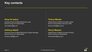 Page 18 EY Global Blockchain Summit
Omar Al-Juburi
Americas Power & Utilities Blockchain Lead,
Ernst & Young LLP United States
omar.aljuburi@ey.com
Anthony Natoli
Americas Power & Utilities Blockchain Program Manager,
Ernst & Young LLP United States
anthony.natoli@ey.com
Key contacts
Thierry Mortier
Global Power & Utilities Innovation Leader,
Ernst & Young Advisory Services CVBA
thierry.mortier@be.ey.com
Henry Wesson
Global Power & Utilities Innovation Director,
Ernst & Young LLP Netherlands
henry.wesson@nl.ey.com
 
