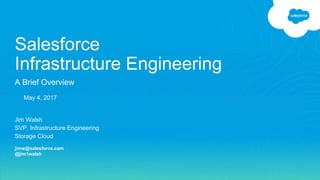 Jim Walsh
SVP, Infrastructure Engineering
Storage Cloud
jimw@salesforce.com
@jim1walsh
Salesforce
Infrastructure Engineering
A Brief Overview
May 4, 2017
 