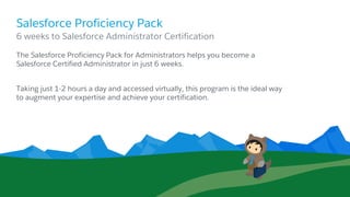 Salesforce Proficiency Pack
​The Salesforce Proficiency Pack for Administrators helps you become a
Salesforce Certified Administrator in just 6 weeks.
​Taking just 1-2 hours a day and accessed virtually, this program is the ideal way
to augment your expertise and achieve your certification.
​6 weeks to Salesforce Administrator Certification
 