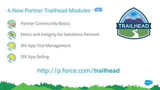 4 New Partner Trailhead Modules
http://p.force.com/trailhead
Partner Community Basics
Ethics and Integrity for Salesforce Partners
ISV App Trial Management
ISV App Selling
 