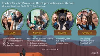 Devs, admins, partners & more:
20k+ virtual attendees
2k+ full conf attendees
1k+ free expo attendees
Trailhead Quest
Fun Party
Amazing band
Inspirational Keynote
130+ technical sessions
40+ Partners
25+ Salesforce demos
Kids coding
Help Non-profits
Equality & WIT
TrailheaDX - the Must-attend Developer Conference of the Year
Moscone West | June 28-29, 2017 | San Francisco
#TDX17
sfdc.co/TrailheaDX
 