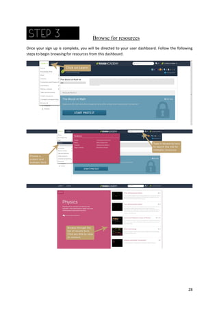 Browse for resources
Once your sign up is complete, you will be directed to your user dashboard. Follow the following
steps to begin browsing for resources from this dashboard.

28

 
