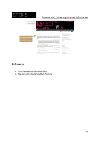 Interact with others to gain more information

References
1. https://www.khanacademy.org/about
2. http://en.wikipedia.org/wiki/Khan_Academy

30

 