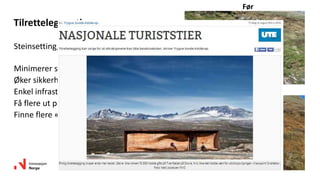 Steinsetting, klopping, drenering
Minimerer slitasje
Øker sikkerheten
Enkel infrastruktur og tilrettelegging
Få flere ut på tur
Finne flere «ikoner» - skilte og informere
Tilrettelegge stier
Før
Etter
 