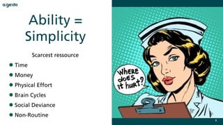 6
Scarcest ressource
•Time
•Money
•Physical Effort
•Brain Cycles
•Social Deviance
•Non-Routine
Ability =
Simplicity
 