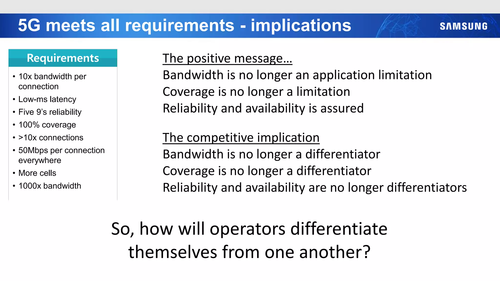 5G meets all requirements - implications
Requirements
• 10x bandwidth per
connection
• Low-ms latency
• Five 9’s reliability
• 100% coverage
• >10x connections
• 50Mbps per connection
everywhere
• More cells
• 1000x bandwidth
The positive message…
Bandwidth is no longer an application limitation
Coverage is no longer a limitation
Reliability and availability is assured
The competitive implication
Bandwidth is no longer a differentiator
Coverage is no longer a differentiator
Reliability and availability are no longer differentiators
So, how will operators differentiate
themselves from one another?
 
