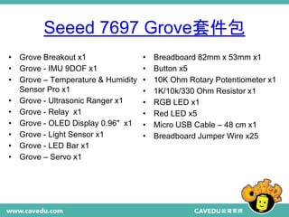 Seeed 7697 Grove套件包
• Grove Breakout x1
• Grove - IMU 9DOF x1
• Grove – Temperature & Humidity
Sensor Pro x1
• Grove - Ultrasonic Ranger x1
• Grove - Relay x1
• Grove - OLED Display 0.96" x1
• Grove - Light Sensor x1
• Grove - LED Bar x1
• Grove – Servo x1
• Breadboard 82mm x 53mm x1
• Button x5
• 10K Ohm Rotary Potentiometer x1
• 1K/10k/330 Ohm Resistor x1
• RGB LED x1
• Red LED x5
• Micro USB Cable – 48 cm x1
• Breadboard Jumper Wire x25
 