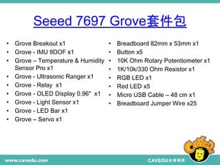 Seeed 7697 Grove套件包
• Grove Breakout x1
• Grove - IMU 9DOF x1
• Grove – Temperature & Humidity
Sensor Pro x1
• Grove - Ult...