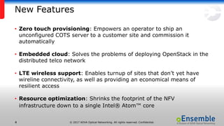 © 2017 ADVA Optical Networking. All rights reserved. Confidential.44
New Features
• Zero touch provisioning: Empowers an operator to ship an
unconfigured COTS server to a customer site and commission it
automatically
• Embedded cloud: Solves the problems of deploying OpenStack in the
distributed telco network
• LTE wireless support: Enables turnup of sites that don’t yet have
wireline connectivity, as well as providing an economical means of
resilient access
• Resource optimization: Shrinks the footprint of the NFV
infrastructure down to a single Intel® Atom™ core
 
