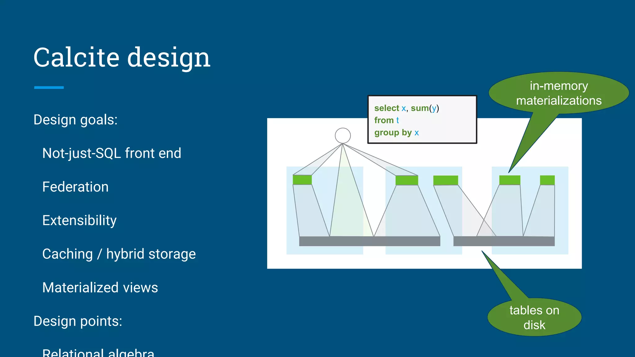 Calcite design Design goals: Not-just-SQL front end Federation Extensibility Caching / hybrid storage Materialized views Design points: tables on disk in-memory materializations select x, sum(y) from t group by x 