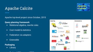 Apache Calcite
Apache top-level project since October, 2015
Query planning framework
➢ Relational algebra, rewrite rules
➢ Cost model & statistics
➢ Federation via adapters
➢ Extensible
Packaging
➢ Library
 
