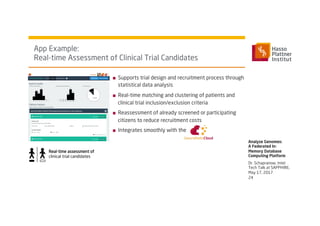 App Example:
Real-time Assessment of Clinical Trial Candidates
■  Supports trial design and recruitment process through
statistical data analysis
■  Real-time matching and clustering of patients and
clinical trial inclusion/exclusion criteria
■  Reassessment of already screened or participating
citizens to reduce recruitment costs
■  Integrates smoothly with the
Analyze Genomes:
A Federated In-
Memory Database
Computing Platform
Real-time assessment of
clinical trial candidates
24
Dr. Schapranow, Intel
Tech Talk at SAPPHIRE,
May 17, 2017
 