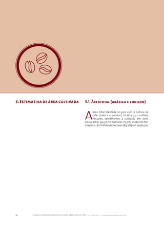 12 CONAB | ACOMPANHAMENTO DA SAFRA BRASILEIRA DE CAFÉ | v. 3 - Safra 2016, n. 2 - segundo levantamento, maio 2017.
3.Estimativa de área cultivada 3.1. Áreatotal (arábica e conilon)
A
área total plantada no país com a cultura de
café (arábica e conilon) totaliza 2,22 milhões
hectares, semelhantes à cultivada em 2016.
Desse total, 341,37 mil hectares (15,5%) estão em for-
mação e 1,87 milhão de hectares (84,5%) em produção.
 