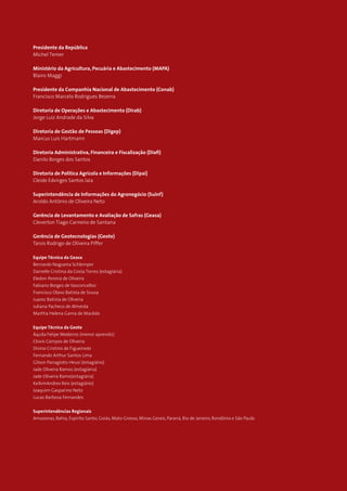 2 CONAB | ACOMPANHAMENTO DA SAFRA BRASILEIRA DE CAFÉ | v. 3 - Safra 2016, n. 2 - segundo levantamento, maio 2017.
Presidente da República
Michel Temer
Ministério da Agricultura, Pecuária e Abastecimento (MAPA)
Blairo Maggi
Presidente da Companhia Nacional de Abastecimento (Conab)
Francisco Marcelo Rodrigues Bezerra
Diretoria de Operações e Abastecimento (Dirab)
Jorge Luiz Andrade da Silva
Diretoria de Gestão de Pessoas (Digep)
Marcus Luis Hartmann
Diretoria Administrativa, Financeira e Fiscalização (Diafi)
Danilo Borges dos Santos
Diretoria de Política Agrícola e Informações (Dipai)
Cleide Edvirges Santos laia
Superintendência de Informações do Agronegócio (Suinf)
Aroldo Antônio de Oliveira Neto
Gerência de Levantamento e Avaliação de Safras (Geasa)
Cleverton Tiago Carneiro de Santana
Gerência de Geotecnologias (Geote)
Tarsis Rodrigo de Oliveira Piffer
Equipe Técnica da Geasa
Bernardo Nogueira Schlemper
Danielle Cristina da Costa Torres (estagiária)
Eledon Pereira de Oliveira
Fabiano Borges de Vasconcellos
Francisco Olavo Batista de Sousa
Juarez Batista de Oliveira
Juliana Pacheco de Almeida
Martha Helena Gama de Macêdo
Equipe Técnica da Geote
Áquila Felipe Medeiros (menor aprendiz)
Clovis Campos de Oliveira
Divino Cristino de Figueiredo
Fernando Arthur Santos Lima
Gilson Panagiotis Heusi (estagiário)
Jade Oliveira Ramos (estagiária)
Jade Oliveira Ramo(estagiária)
KeilvinAndres Reis (estagiário)
Joaquim Gasparino Neto
Lucas Barbosa Fernandes
Superintendências Regionais
Amazonas, Bahia, Espírito Santo, Goiás, Mato Grosso, Minas Gerais, Paraná, Rio de Janeiro, Rondônia e São Paulo
 