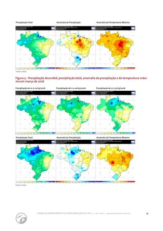 35CONAB | ACOMPANHAMENTO DA SAFRA BRASILEIRA DE CAFÉ | v.3 - Safra 2016,n. 2 - segundo levantamento, maio 2017..
Precipitação Total Anomalia da Precipitação Anomalia da Temperatura Máxima
Fonte: Inmet.
Figura 5 - Precipitação decendial, precipitação total, anomalia da precipitação e da temperatura máxi-
ma em março de 2016
Precipitação de 01 a 10/03/2016 Precipitação de 11 a 20/03/2016 Precipitação de 21 a 31/03/2016
Precipitação Total Anomalia da Precipitação Anomalia da Temperatura Máxima
Fonte: Inmet.
 