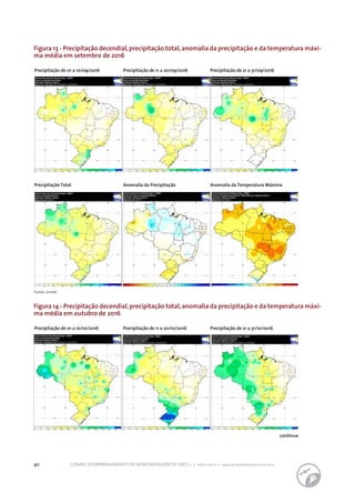 40 CONAB | ACOMPANHAMENTO DA SAFRA BRASILEIRA DE CAFÉ | v. 3 - Safra 2016, n. 2 - segundo levantamento, maio 2017.
Figura 13 - Precipitação decendial,precipitação total,anomalia da precipitação e da temperatura máxi-
ma média em setembro de 2016
Figura 14 - Precipitação decendial,precipitação total,anomalia da precipitação e da temperatura máxi-
ma média em outubro de 2016
Precipitação de 01 a 10/09/2016
Precipitação de 01 a 10/10/2016
Precipitação de 11 a 20/09/2016
Precipitação de 11 a 20/10/2016
continua
Precipitação de 21 a 31/09/2016
Precipitação de 21 a 31/10/2016
Precipitação Total Anomalia da Precipitação Anomalia da Temperatura Máxima
Fonte: Inmet.
 