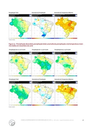 41CONAB | ACOMPANHAMENTO DA SAFRA BRASILEIRA DE CAFÉ | v.3 - Safra 2016,n. 2 - segundo levantamento, maio 2017..
Figura 15 - Precipitação decendial,precipitação total,anomalia da precipitação e da temperatura máxi-
ma média em novembro de 2016
Precipitação de 01 a 10/11/2016 Precipitação de 11 a 20/11/2016 Precipitação de 21 a 31/11/2016
Precipitação Total
Precipitação Total
Anomalia da Precipitação
Anomalia da Precipitação
Anomalia da Temperatura Máxima
Anomalia da Temperatura Máxima
Fonte: Inmet.
Fonte: Inmet.
 