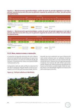 54 CONAB | ACOMPANHAMENTO DA SAFRA BRASILEIRA DE CAFÉ | v. 3 - Safra 2016, n. 2 - segundo levantamento, maio 2017.
Fonte: Conab.
Quadro 2 – Monitoramento agrometeorológico: análise de parte do período vegetativo e de todo o
período reprodutivo da safra 2017, com os possíveis impactos de acordo com as fases* do café conilon
no Espírito Santo.
Espírito Santo
Ano 2016 2017
Meses Fev Mar Abr Mai Jun Jul Ago Set Out Nov Dez Jan Fev Mar Abr Mai Jun Jul Ago Set Out
Fases* PV PV PV PV PV R R F F/CH F/CH/EF CH/EF GF GF GF/M M/C M/C C C C C C
Espírito Santo
Ano 2016 2017
Meses Fev Mar Abr Mai Jun Jul Ago Set Out Nov Dez Jan Fev Mar Abr Mai Jun Jul Ago Set Out
Fases* PV PV PV PV PV R R F F/CH F/CH/EF CH/EF GF GF GF GF/M M/C C C C C C
* (PV)=período vegetativo; (R)=repouso; (F)=floração; (CH)=formação dos chumbinhos; (EF)=expansão dos frutos; (GF)=granação dos frutos; (M)=maturação;
(C)=colheita
** maior concentração na região norte.
Favorável Baixa restrição
falta de chuva
Média restrição
falta de chuva
Baixa restrição
geadas
* (PV)=período vegetativo; (R)=repouso; (F)=floração; (CH)=formação dos chumbinhos; (EF)=expansão dos frutos; (GF)=granação dos frutos; (M)=maturação;
(C)=colheita
** maior concentração na região sul.
Favorável Baixa restrição
falta de chuva
Média restrição
falta de chuva
Baixa restrição
geadas
Quadro 3 – Monitoramento agrometeorológico: análise de parte do período vegetativo e de todo o
período reprodutivo da safra 2017, com os possíveis impactos de acordo com as fases* do café arábica
no Espírito Santo.
9.2.2. Área, produtividade e produção
A produção na segunda estimativa de safra cafeeira
de 2017 no Espírito Santo será de 8.795 mil sacas. Esse
total é oriundo de uma área em produção de 385.538
hectares. O levantamento indica uma produtividade
média de 22,81 sc/ha.
Comparado à safra de 2016, verifica-se o decréscimo
de 1,9% na produção, redução de 6% na área em pro-
dução e aumento de 4,3% da produtividade. Diferen-
temente dos anos anteriores, em que as lavouras de
café conilon sofreram com as condições climáticas
desfavoráveis, nessa safra as chuvas vieram entre de-
zembro de 2016 e fevereiro de 2017, gerando grandes
mudanças nas lavouras de café conilon que, atual-
mente, passam por intenso processo de expansão de
frutos, aumentando a produtividade média do esta-
do, mesmo com bienalidade negativa nas lavouras de
café arábica para essa safra.
Figura 23 - Café pré-colheita em Marilândia.
 
