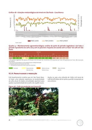 58 CONAB | ACOMPANHAMENTO DA SAFRA BRASILEIRA DE CAFÉ | v. 3 - Safra 2016, n. 2 - segundo levantamento, maio 2017.
Gráfico 28 – Estações meteorológicas do Inmet em São Paulo - Casa Branca
Fonte: Inmet
0
10
20
30
40
50
60
70
80
90
0
4
8
12
16
20
24
28
32
36
40
01-SET-2016
05-SET-2016
09-SET-2016
13-SET-2016
17-SET-2016
21-SET-2016
25-SET-2016
29-SET-2016
03-OUT-2016
07-OUT-2016
11-OUT-2016
15-OUT-2016
19-OUT-2016
23-OUT-2016
27-OUT-2016
31-OUT-2016
04-NOV-2016
08-NOV-2016
12-NOV-2016
16-NOV-2016
20-NOV-2016
24-NOV-2016
28-NOV-2016
02-DEZ-2016
06-DEZ-2016
10-DEZ-2016
14-DEZ-2016
18-DEZ-2016
22-DEZ-2016
26-DEZ-2016
30-DEZ-2016
03-JAN-2017
07-JAN-2017
11-JAN-2017
15-JAN-2017
19-JAN-2017
23-JAN-2017
27-JAN-2017
31-JAN-2017
04-FEV-2017
08-FEV-2017
12-FEV-2017
16-FEV-2017
20-FEV-2017
24-FEV-2017
28-FEV-2017
04-MAR-2017
08-MAR-2017
12-MAR-2017
16-MAR-2017
20-MAR-2017
24-MAR-2017
28-MAR-2017
01-ABR-2017
05-ABR-2017
09-ABR-2017
13-ABR-2017
17-ABR-2017
21-ABR-2017
25-ABR-2017
29-ABR-2017
Precipitação(mm)
Temperatura(°C)
PRECIP_DIARIA TEMP_MÁXIMA TEMP_MÍNIMA
Quadro 4 – Monitoramento agrometeorológico: análise de parte do período vegetativo e de todo o
período reprodutivo da safra 2017, com os possíveis impactos de acordo com as fases* do café em São
Paulo.
São Paulo
Ano 2016 2017
Meses Jun Jul Ago Set Out Nov Dez Jan Fev Mar Abr Mai Jun Jul Ago Set
Fases* PV R R F F/CH CH/EF EF GF GF GF GF/M M/C M/C C C C
* (PV)=período vegetativo; (R)=repouso; (F)=floração; (CH)=formação dos chumbinhos; (EF)=expansão dos frutos; (GF)=granação dos frutos; (M)=maturação;
(C)=colheita.
** nas lavouras localizadas ao sul do estado, houve condição favorável
*** impactos pontuais por excesso de chuva
**** restrições por excesso de chuva no primeiro decêndio.
Favorável Baixa restrição
falta de chuva
Média restrição
falta de chuva
Baixa restrição
geadas
9.3.4. Produtividade e produção
Este levantamento sinaliza que em São Paulo deve-
rá haver uma redução expressiva na produtividade
da safra atual. Os dados consolidados apontam para
queda na produtividade de 27,13% e de 27,46% na pro-
dução, ou seja, uma redução de 1.656,3 mil sacas de
café beneficiadas de 60 quilos, quando comparada ao
ano anterior.
Figura 26 – Café em produção em Franca/SP
Fonte: Conab.
 