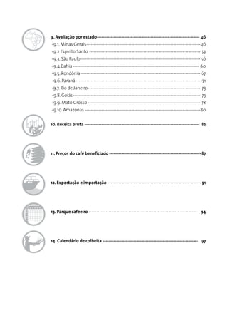 9. Avaliação por estado-------------------------------------------------------------------- 46	
--9.1. Minas Gerais-----------------------------------------------------------------------------46	
--9.2 Espírito Santo--------------------------------------------------------------------------- 53	
--9.3. São Paulo---------------------------------------------------------------------------------56	
--9.4.Bahia------------------------------------------------------------------------------------- 60	
--9.5. Rondônia---------------------------------------------------------------------------------67	
--9.6. Paraná-------------------------------------------------------------------------------------71	
-9.7. Rio de Janeiro---------------------------------------------------------------------------- 73
--9.8. Goiás-------------------------------------------------------------------------------------- 73	
--9.9. Mato Grosso---------------------------------------------------------------------------- 78
--9.10. Amazonas------------------------------------------------------------------------------80
10. Receita bruta---------------------------------------------------------------------------- 82
11. Preços do café beneficiado-------------------------------------------------------------87
12. Exportação e importação--------------------------------------------------------------91
13. Parque cafeeiro ----------------------------------------------------------------------- 94
14. Calendário de colheita --------------------------------------------------------------- 97
 