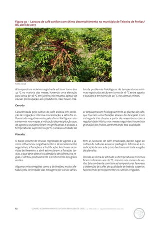62 CONAB | ACOMPANHAMENTO DA SAFRA BRASILEIRA DE CAFÉ | v. 3 - Safra 2016, n. 2 - segundo levantamento, maio 2017.
Figura 30 - Lavoura de café conilon com ótimo desenvolvimento no município de Teixeira de Freitas/
BA, abril de 2017
Fonte: Conab.
A temperatura máxima registrada está em torno dos
32 ºC na maioria dos meses, havendo uma elevação
para cerca de 36 ºC em janeiro. No entanto, apesar de
causar preocupação aos produtores, não houve rela-
tos de problemas fisiológicos. As temperaturas míni-
mas registradas estão em torno de 16 °C entre agosto
e outubro e em torno de 20 °C nos demais meses.
Cerrado
Caracterizada pelo cultivo do café arábica em condi-
ção de irrigação e intensa mecanização, a safra foi in-
fluenciada negativamente pelo clima. Na Figura 1 ob-
servarmos nos mapas a indicação de precipitação que,
de agosto a outubro,foram insignificativas e aliadas a
temperaturas superiores a 36 ºC e à baixa umidade do
ar depauperaram fisiologicamente as plantas de café,
que tiveram uma floração abaixo do desejado. Com
a chegada das chuvas a partir de novembro e com a
regularidade hídrica nos meses seguintes houve boa
granação dos frutos, apresentando boa qualidade.
Planalto
O baixo volume de chuvas registrado de agosto a ja-
neiro influenciou negativamente o desenvolvimento
vegetativo, a floração e a frutificação. As chuvas ocor-
ridas de fevereiro a abril estimularam a floradas tar-
dias, o que deve alterar o calendário de colheita na re-
gião, e afetou positivamente o enchimento dos grãos
verdes.
Algumas microrregiões como a de Brejões, muito afe-
tadas pela severidade das estiagens por várias safras,
têm as lavouras de café erradicado, dando lugar ao
cultivo de culturas anuais e pastagem. Estima-se a er-
radicação de cerca de 7.000 hectares em toda a região
do planalto.
Devido ao clima de altitude,as temperaturas mínimas
ficam inferiores aos 16 ºC, mesmo nos meses de ve-
rão. Este ambiente com baixas temperaturas favorece
a obtenção de cafés de qualidade de bebida superior,
favorecendo principalmente os cultivos irrigados.
 