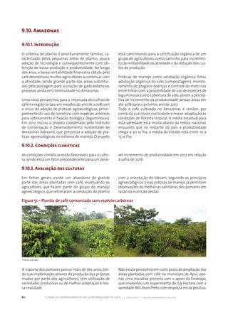 80 CONAB | ACOMPANHAMENTO DA SAFRA BRASILEIRA DE CAFÉ | v. 3 - Safra 2016, n. 2 - segundo levantamento, maio 2017.
Fonte: Conab.
9.10. Amazonas
9.10.1. Introdução
O sistema de plantio é prioritariamente familiar, ca-
racterizado pelas pequenas áreas de plantio, pouca
adoção de tecnologia e consequentemente com ob-
tenção de baixa produção e produtividade. Ao longo
dos anos, a baixa rentabilidade financeira obtida pelo
café desmotivou muitos agricultores a continuar com
a atividade, sendo grande parte das áreas substituí-
das pela pastagem para a criação de gado extensivo,
processo ainda em continuidade no Amazonas.
Uma nova perspectiva para a retomada do cultivo de
café na região se deu em meados do ano de 2008 com
o início da adoção de práticas agroecológicas, princi-
palmente do uso de consórcio com espécies arbóreas
para sobreamento e fixação biológica (leguminosas).
Em 2012 iniciou o projeto coordenado pelo Instituto
de Conservação e Desenvolvimento Sustentável do
Amazonas (Idesam), que preconiza a adoção de prá-
ticas agroecológicas no sistema de manejo. O projeto
está caminhando para a certificação orgânica de um
grupo de agricultores, como caminho para incremen-
to da rentabilidade da atividade e da redução dos cus-
tos de produção.
Práticas de manejo como adubação orgânica foliar,
adubação orgânica do solo (compostagem), monito-
ramento de pragas e doenças e controle do mato nas
entre linhas com a possibilidade de uso de espécies de
leguminosas como cobertura do solo,abrem a percep-
tiva de incremento da produtividade dessas áreas em
até 30% para o próximo ano de 2017.
Todo o café cultivado no Amazonas é conilon, por
conta da sua maior rusticidade e maior adaptação às
condições de floresta tropical. A média estadual para
esta variedade está muita abaixo da média nacional,
enquanto que no restante do país a produtividade
chega a 30 sc/ha, a média do estado está entre 10 a
15 sc/ha.
9.10.2. Condições climáticas
As condições climáticas estão favoráveis para a cultu-
ra,sendo esta um fator preponderante para um possí-
vel incremento de produtividade em 2017 em relação
à safra de 2016.
9.10.3. Avaliação das culturas
Em linhas gerais, existe um abandono de grande
parte das áreas plantadas com café, excetuando os
agricultores que fazem parte do grupo do manejo
agroecológico, que retomaram a condução do plantio
com a orientação do Idesam, seguindo os princípios
agroecológicos.Essas práticas de manejo já permitem
observações de melhorias sanitárias dos pomares em
razão da nutrição destas.
Figura 51 – Plantio de café consorciado com espécies arbóreas
A maioria dos pomares possui mais de dez anos, ten-
do sua implantação através da produção das próprias
mudas por parte dos agricultores, sem utilização de
variedades produtivas ou de melhor adaptação à nos-
sa realidade.
Não existe perceptiva em curto prazo de ampliação das
áreas plantadas com café no município de Apuí, ape-
nas uma iniciativa pioneira com o apoio da Embrapa,
que implantou um experimento de 0,9 hectare com a
variedade BRS Ouro Preto,com resposta inicial positiva.
 