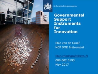Governmental
Support
Instruments
for
Innovation
Elke van de Graaf
NCP SME Instrument
Elke.vandegraaf@rvo.nl
088 602 5193
May 2017
 