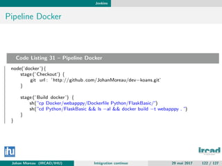 Jenkins
Pipeline Docker
Code Listing 31 – Pipeline Docker
node(’docker’){
stage (’Checkout’) {
git url : ’http://github.com/JohanMoreau/dev−koans.git’
}
stage (’ Build docker’) {
sh(”cp Docker/webapppy/Dockerﬁle Python/FlaskBasic/”)
sh(”cd Python/FlaskBasic && ls −al && docker build −t webapppy . ”)
}
}
Johan Moreau (IRCAD/IHU) Int´egration continue 29 mai 2017 122 / 127
 
