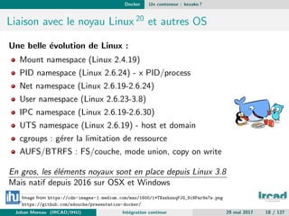 Docker Un conteneur : kezako ?
Liaison avec le noyau Linux 20
et autres OS
Une belle ´evolution de Linux :
Mount namespace (Linux 2.4.19)
PID namespace (Linux 2.6.24) - x PID/process
Net namespace (Linux 2.6.19-2.6.24)
User namespace (Linux 2.6.23-3.8)
IPC namespace (Linux 2.6.19-2.6.30)
UTS namespace (Linux 2.6.19) - host et domain
cgroups : g´erer la limitation de ressource
AUFS/BTRFS : FS/couche, mode union, copy on write
En gros, les ´el´ements noyaux sont en place depuis Linux 3.8
Mais natif depuis 2016 sur OSX et Windows
Image from https://cdn-images-1.medium.com/max/1600/1*TXashznqPJG_9iNPar9a7w.png
20
https://github.com/sdouche/presentation-docker/
Johan Moreau (IRCAD/IHU) Int´egration continue 29 mai 2017 18 / 127
 